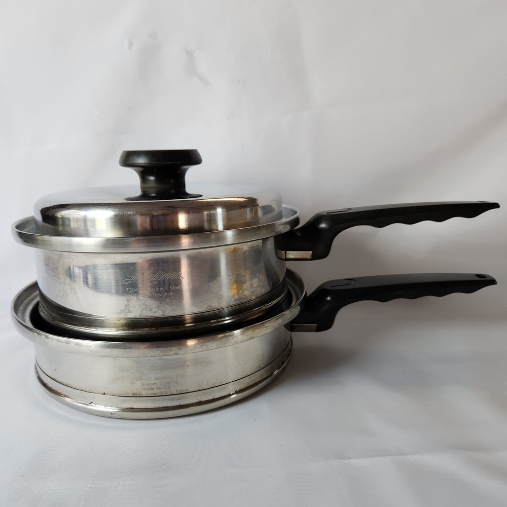 Vtg Lifetime T304-CC Stainless Steel Pan Set 9" Skillet & 8.5" Fry Pan + Lid USA